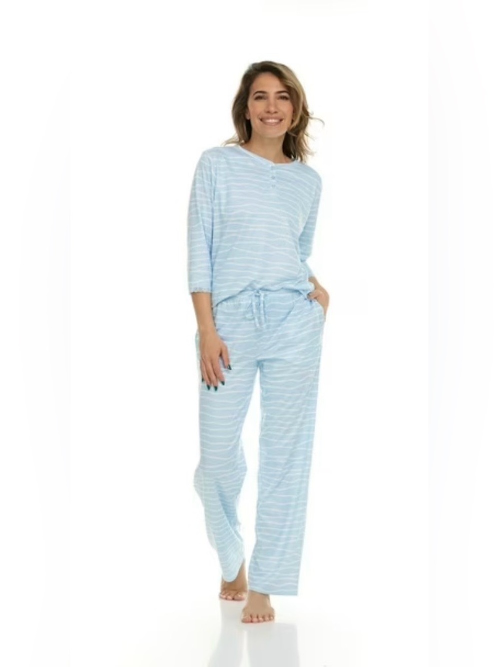 FLORA NIKROOZ Women Relaxed Fit 3/4 Sleeve Henley Pajama Set 2 Piece Pockets😍 - Picture 9 of 14